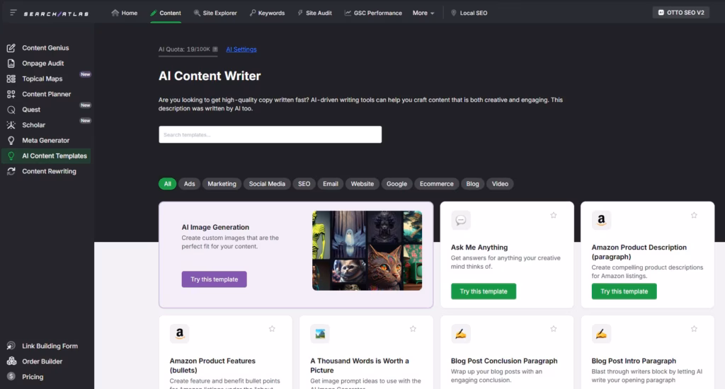 You can choose from over 55 templates and generate texts with AI, including product descriptions and features. search atlas content templates