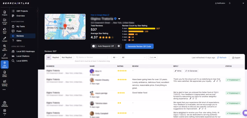 Use GBP Galactic to check all reviews in one dashboard and even configure auto responses with AI. search atlas GBP galactic automatic reviews replies