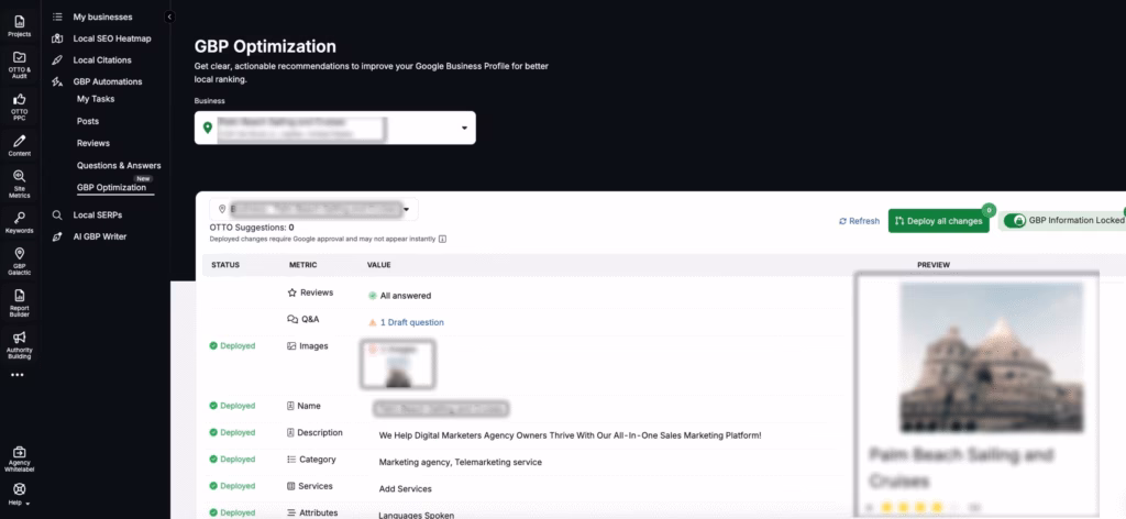 Automatically deploy fixes and optimizations to your GBP with one click using OTTO SEO. search atlas GBP optimization automation OTTO
