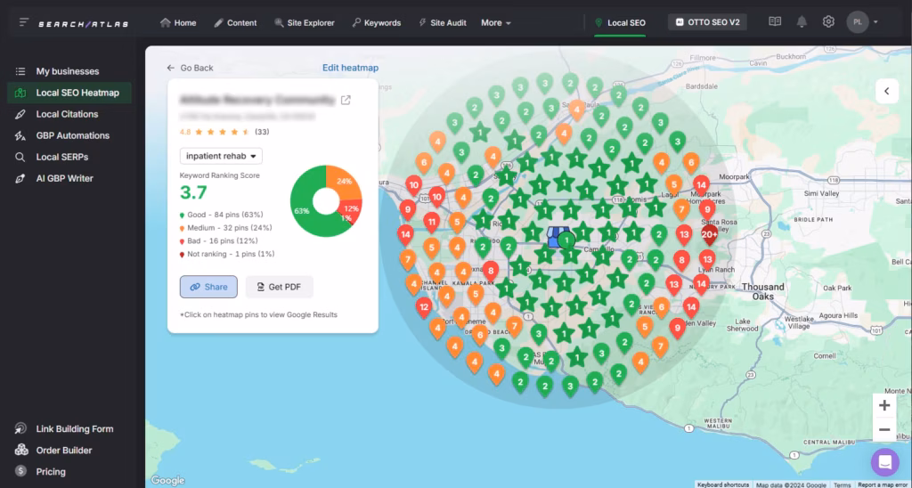 Search Atlas GeoGrid Local SEO Tool visualizing keyword rankings across geographic locations—an essential feature for businesses aiming to dominate local search results. search atlas geogrid local SEO tool best local SEO tools
