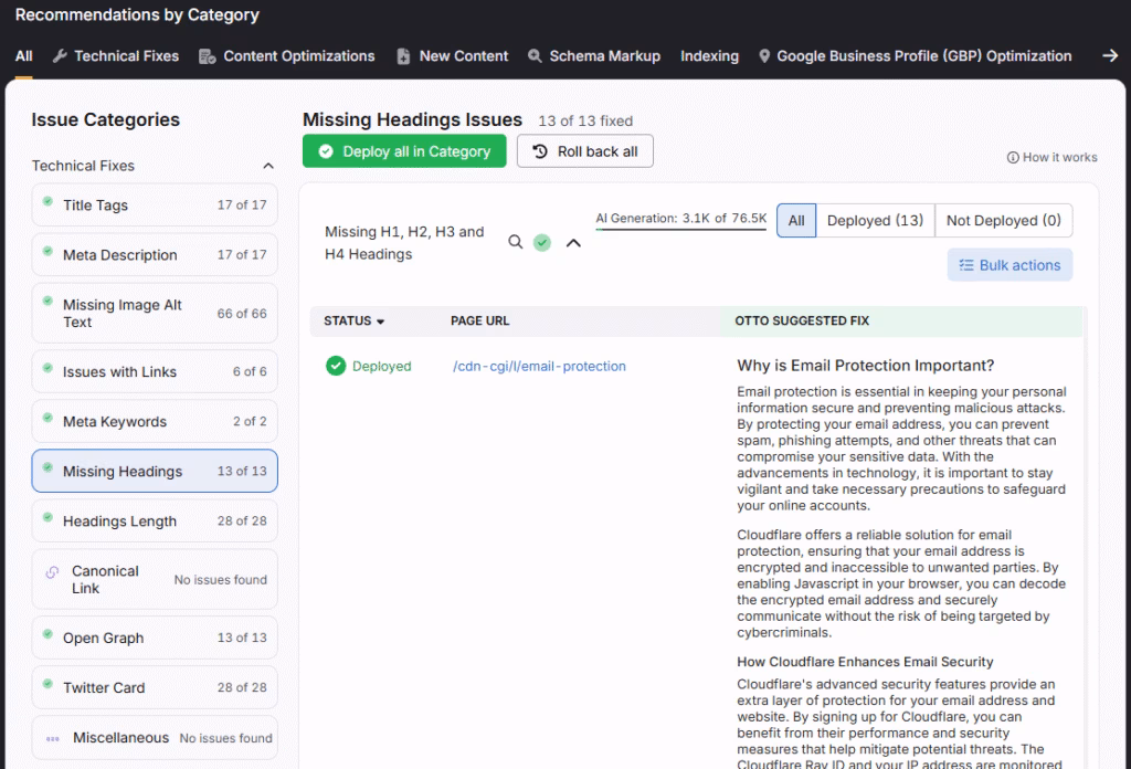 OTTO suggests missing headings and new heading lengths automatically, which you can deploy or edit. search atlas missing headings fix