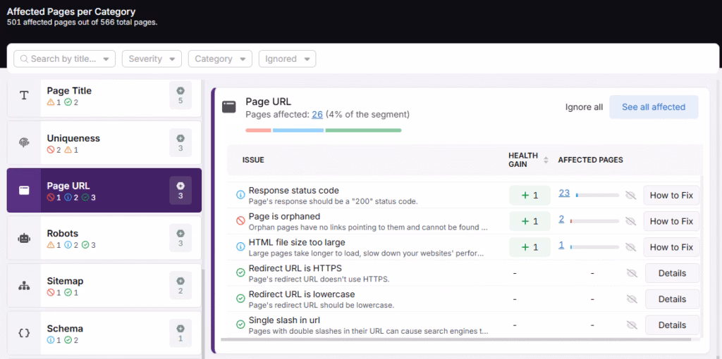 Use Search Atlas’s On-Page Audit Tool to automatically check each page’s HTML, redirects, and other issues. search atlas on-page audit page URL html