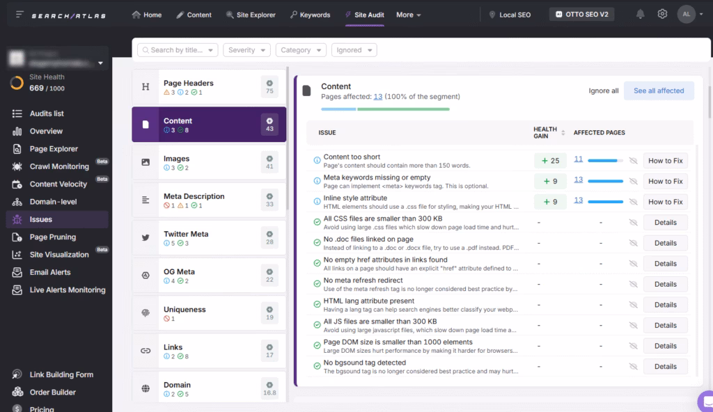 Search Atlas provides actionable insights to fix every SEO issue on your website. search atlas technical seo insights