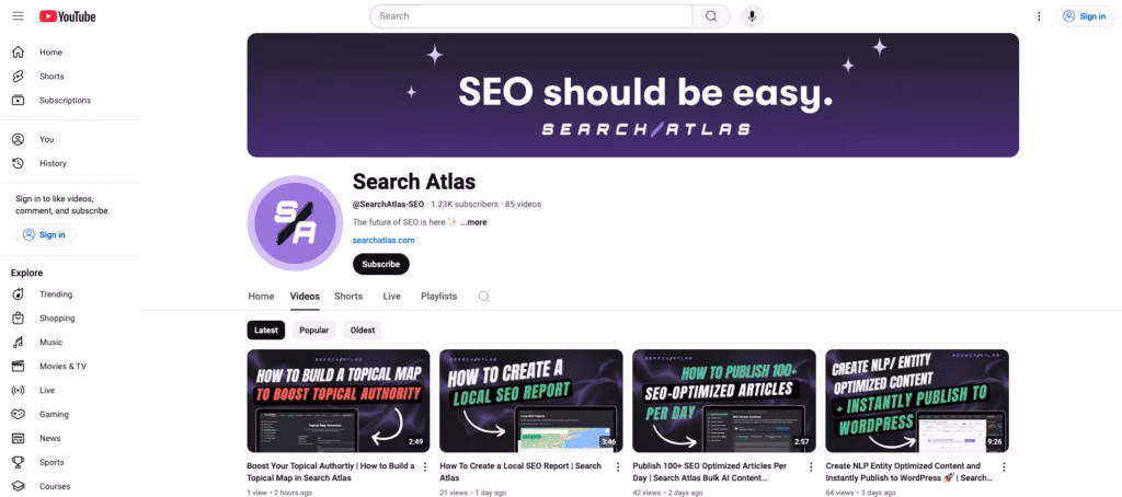Clear and inviting YouTube pages help visitors see exactly what you’re producing, how you talk, and why. Search Atlas YouTube Homepage Example