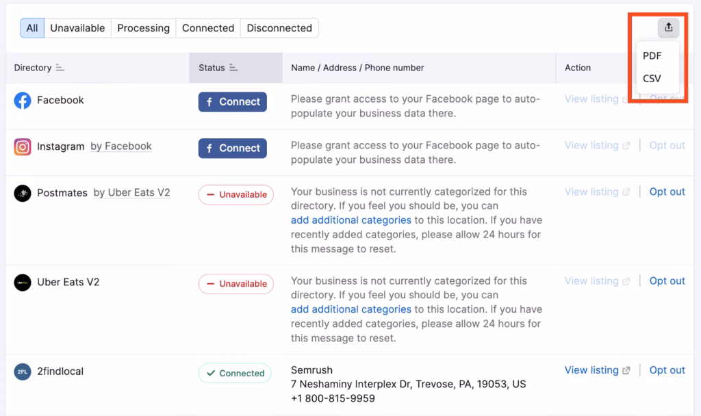 Via Semrush semrush export listings