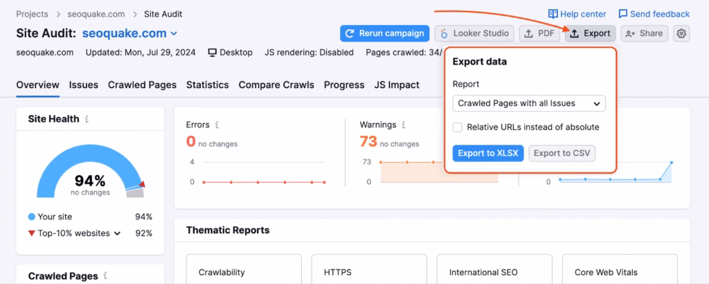 Via Semrush semrush export site audit 1