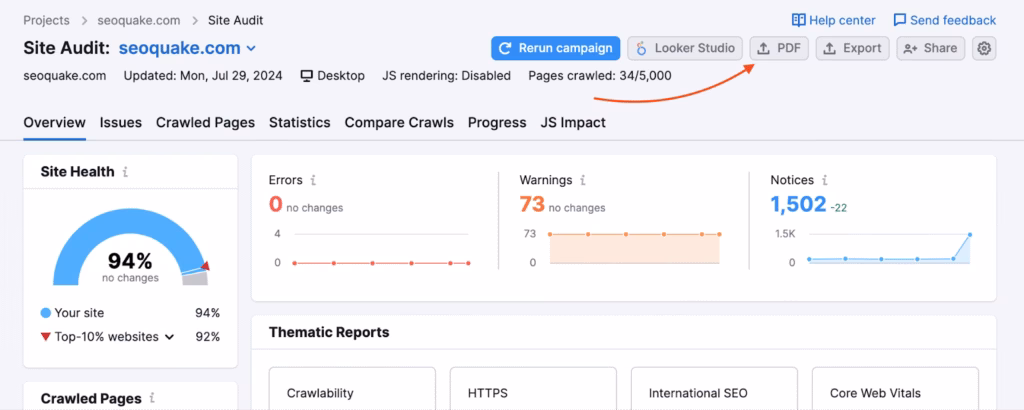 Via Semrush semrush export site audit 2