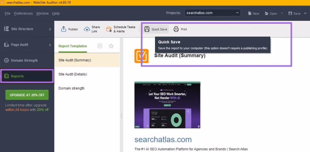Via SEO PowerSuite seo powersuite reports quick save