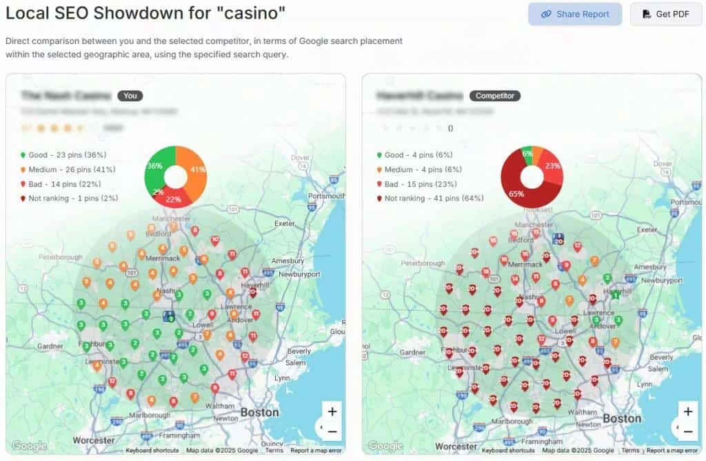Local SEO showdown for "casino" with Google search placement comparison.