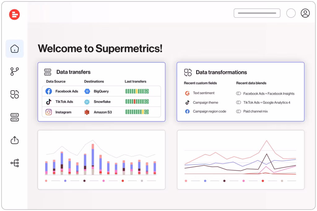 Via Supermetrics supermetrics data sources connection data transfers data transformations