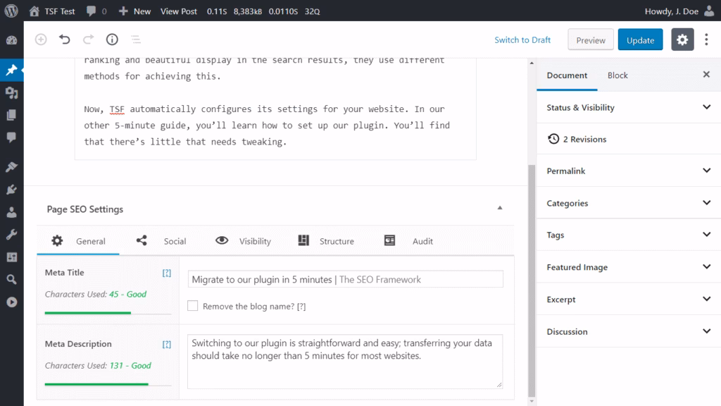 Via WordPress The SEO Framework title