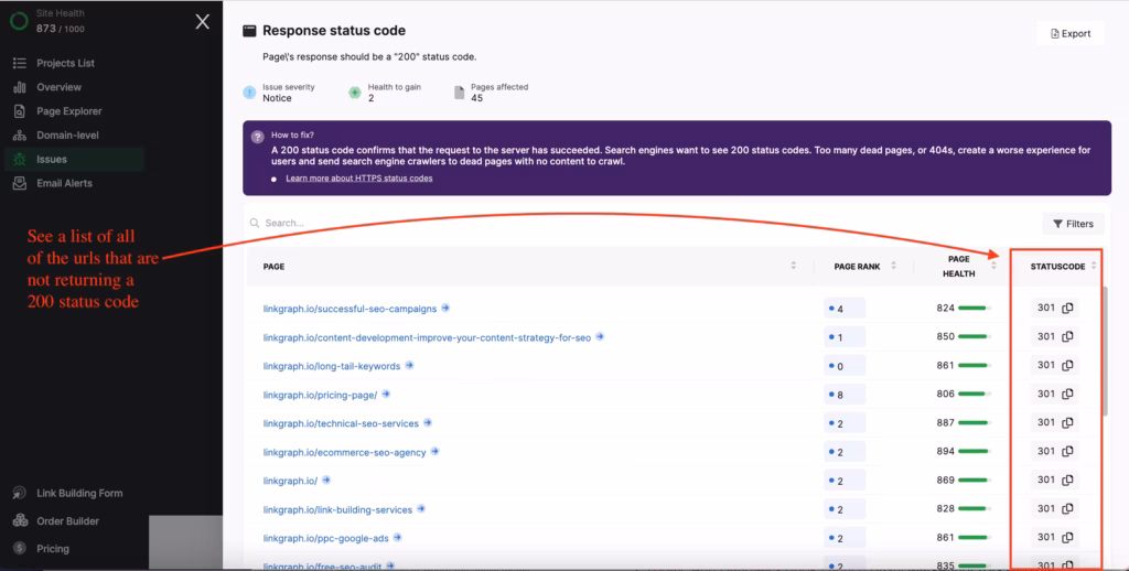 View a snapshot of the Google Analytics dashboard for insights on website performance, including http status codes.