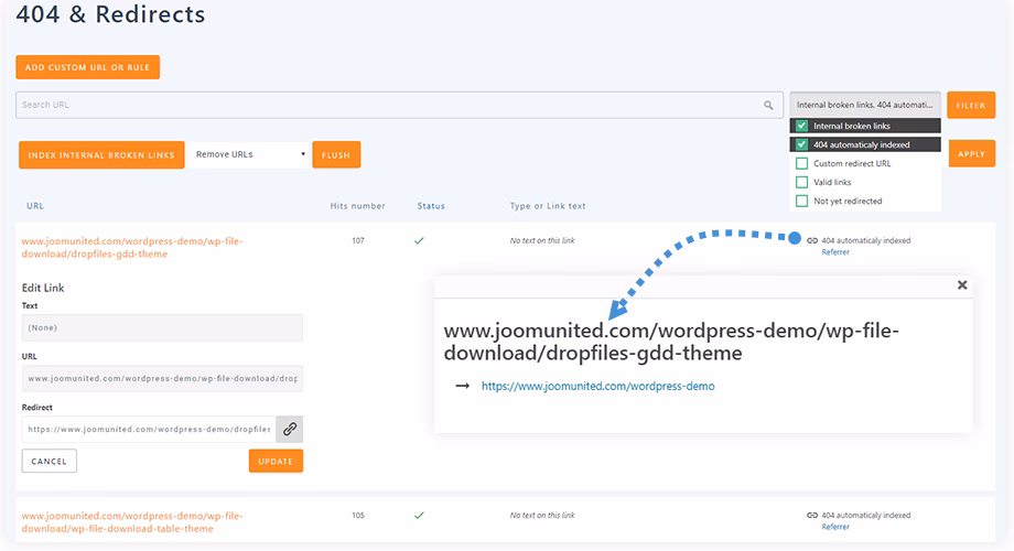 Via WordPress wp meta 404