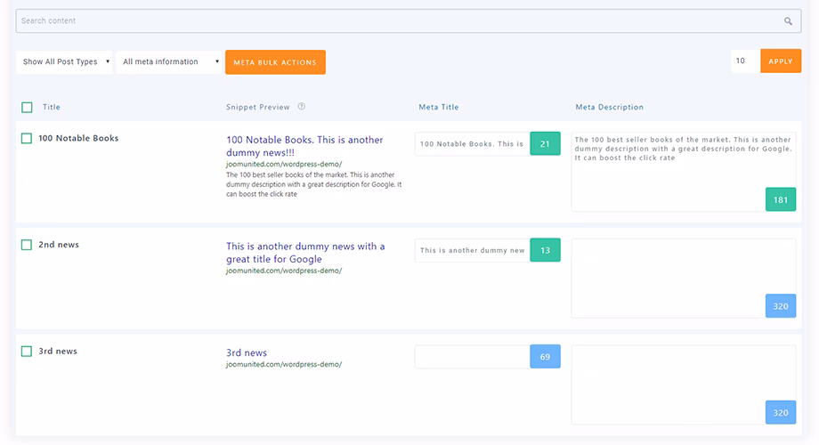 Via WordPress wp meta bulk content