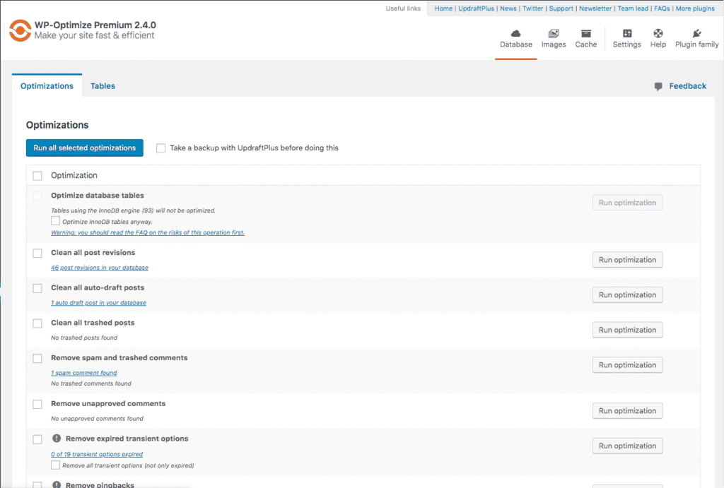via WordPress wp optimize premium plugin